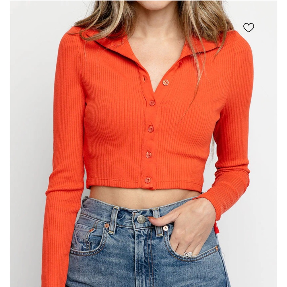 Alloy Rib Cropped Button Turtleneck in Blood Orange